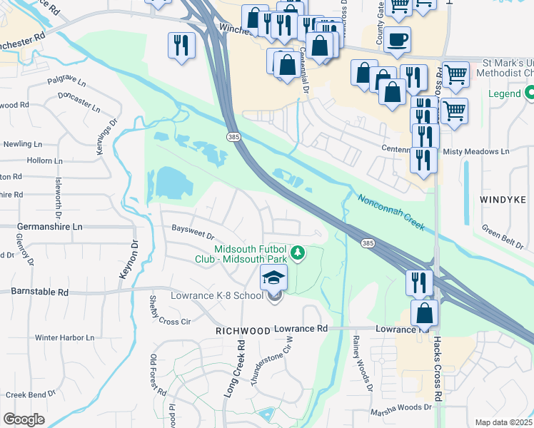 map of restaurants, bars, coffee shops, grocery stores, and more near 3975 Long Creek Road in Memphis