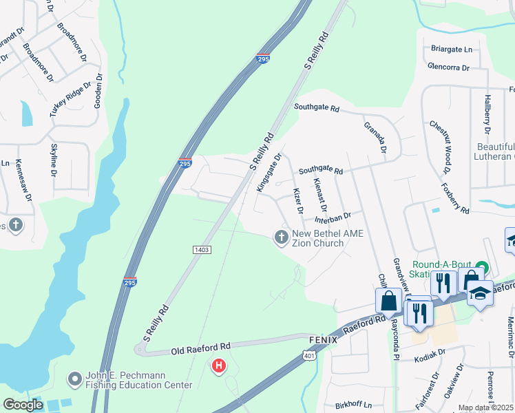 map of restaurants, bars, coffee shops, grocery stores, and more near 6812 Kingsgate Drive in Fayetteville