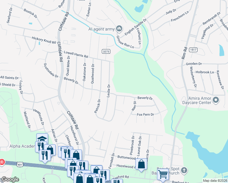 map of restaurants, bars, coffee shops, grocery stores, and more near 7599 Beverly Drive in Fayetteville