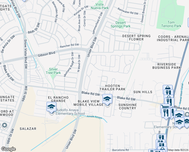 map of restaurants, bars, coffee shops, grocery stores, and more near 2733 Wendell Road Southwest in Albuquerque