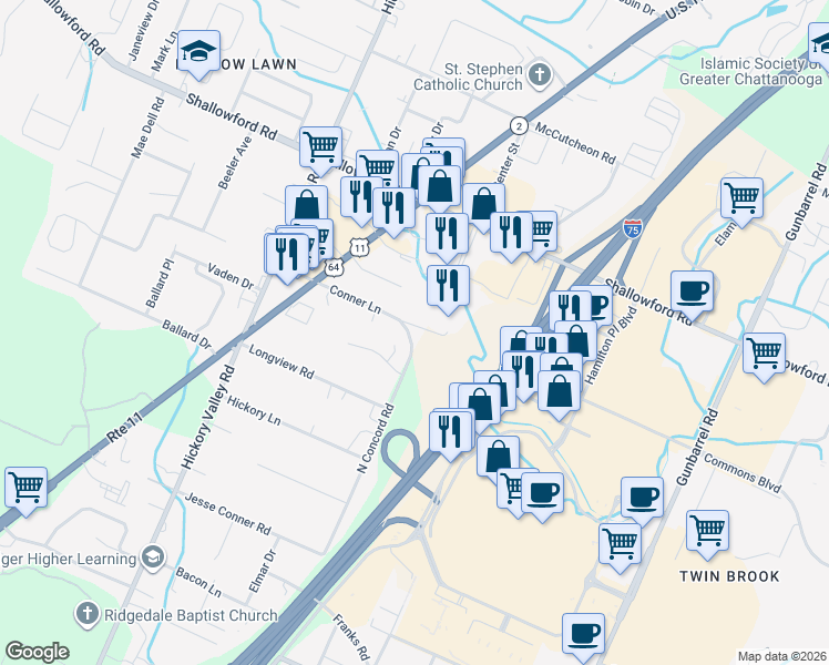 map of restaurants, bars, coffee shops, grocery stores, and more near 2122 North Concord Road in Chattanooga