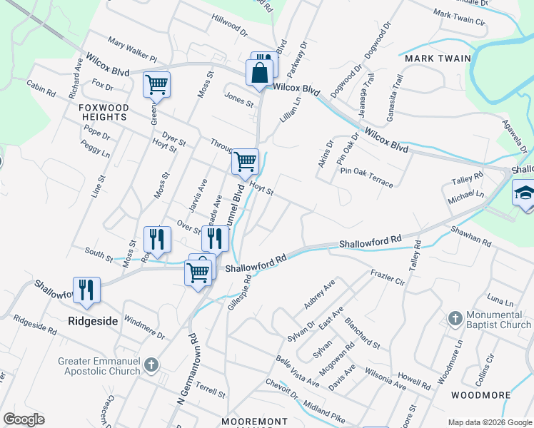map of restaurants, bars, coffee shops, grocery stores, and more near 1100 Gillespie Road in Chattanooga