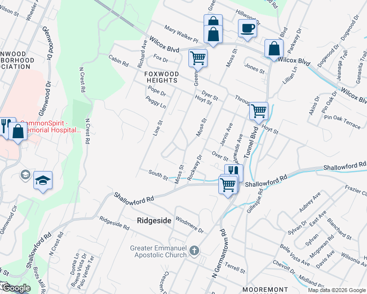 map of restaurants, bars, coffee shops, grocery stores, and more near 822 Moss Street in Chattanooga
