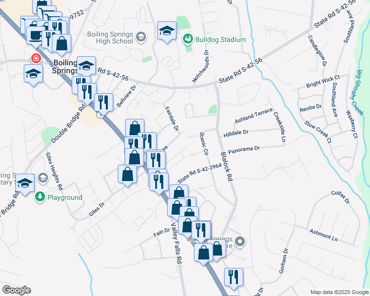map of restaurants, bars, coffee shops, grocery stores, and more near 536 Townsend Place Drive in Boiling Springs