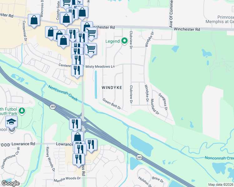 map of restaurants, bars, coffee shops, grocery stores, and more near 3996 Fun Valley Drive in Memphis