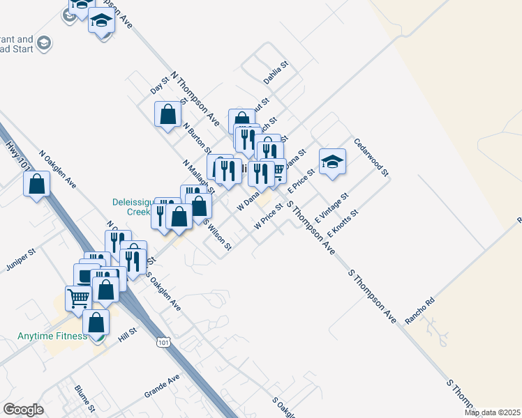 map of restaurants, bars, coffee shops, grocery stores, and more near South Burton Street in Nipomo