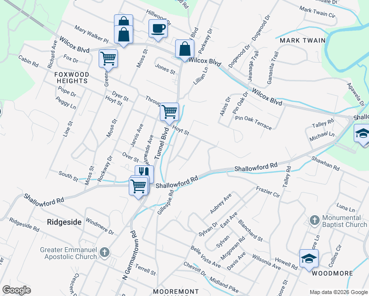 map of restaurants, bars, coffee shops, grocery stores, and more near 1100 Gillespie Road in Chattanooga