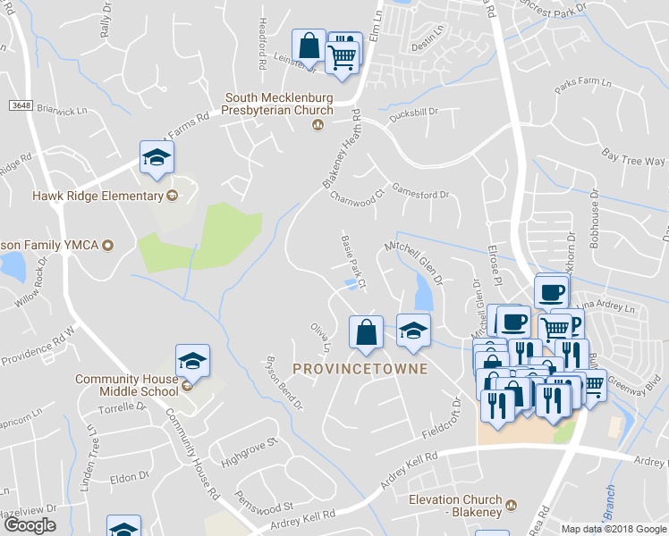 map of restaurants, bars, coffee shops, grocery stores, and more near 8612 Goodman Park Court in Charlotte