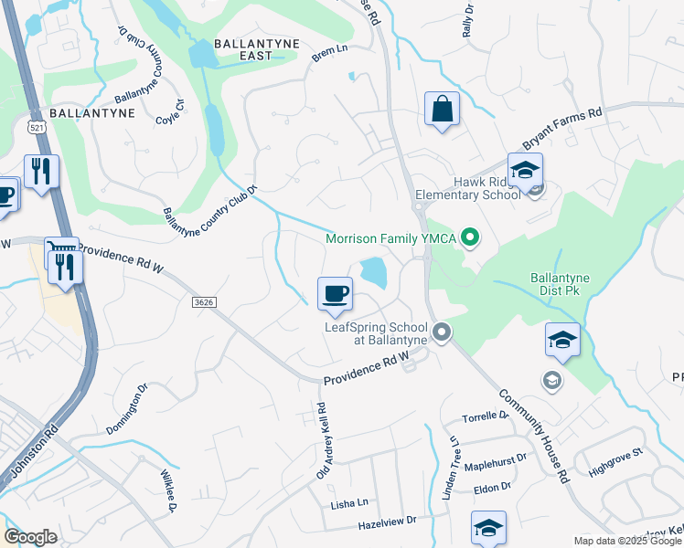 map of restaurants, bars, coffee shops, grocery stores, and more near 10122 Victoria Mill Court in Charlotte