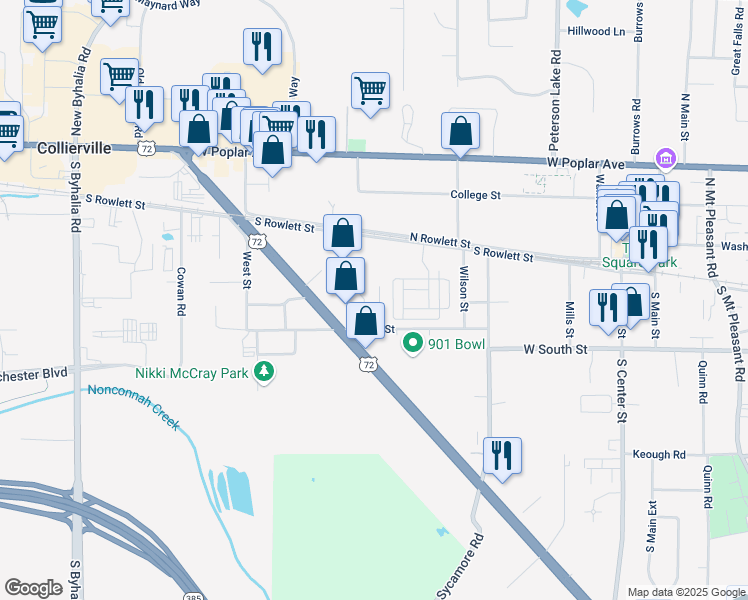map of restaurants, bars, coffee shops, grocery stores, and more near 155 Woodfern Cove in Collierville