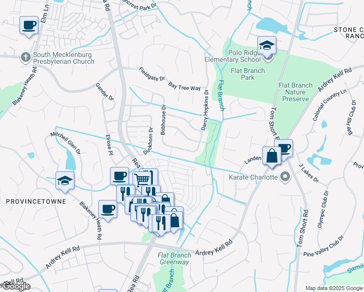 map of restaurants, bars, coffee shops, grocery stores, and more near 8417 Darcy Hopkins Drive in Charlotte