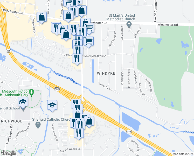 map of restaurants, bars, coffee shops, grocery stores, and more near 3967 Fawn Valley Drive in Memphis