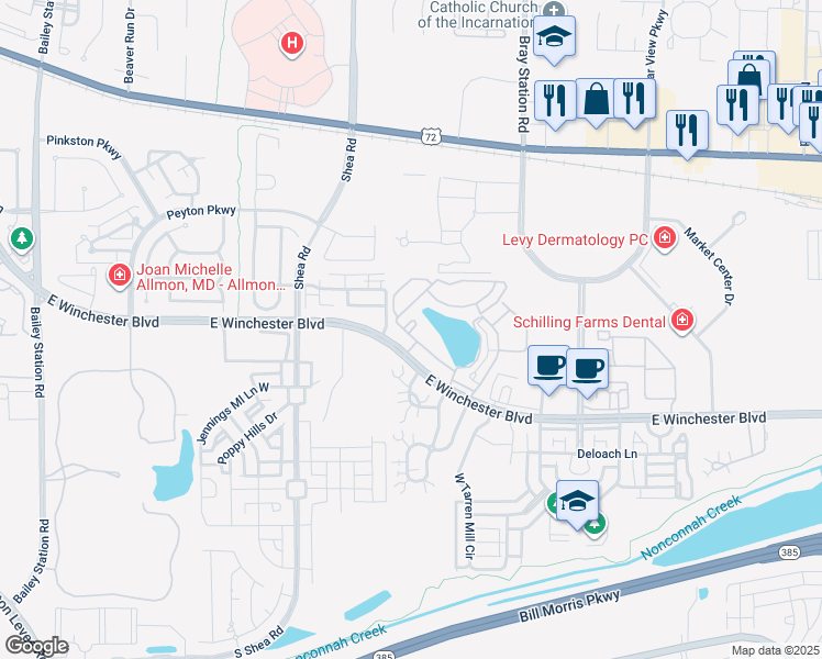 map of restaurants, bars, coffee shops, grocery stores, and more near 1130 Legacy Farm Court in Collierville