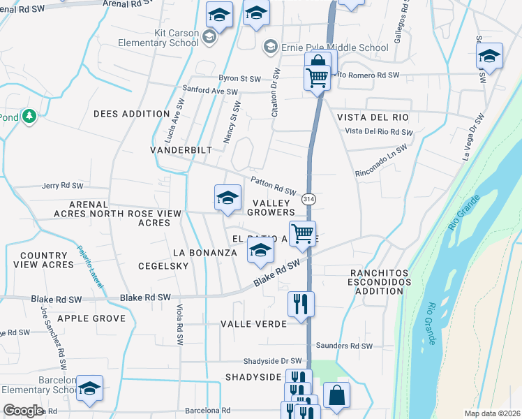 map of restaurants, bars, coffee shops, grocery stores, and more near 2208 Shady Lane Southwest in Albuquerque