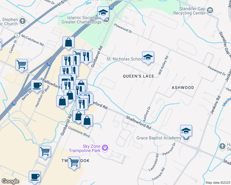 map of restaurants, bars, coffee shops, grocery stores, and more near 7465 Preston Circle in Chattanooga