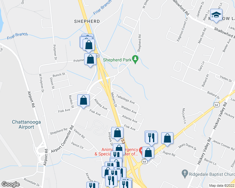 map of restaurants, bars, coffee shops, grocery stores, and more near 6201 Talladega Avenue in Chattanooga
