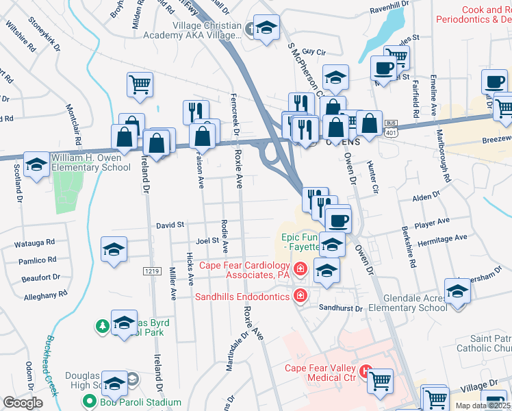 map of restaurants, bars, coffee shops, grocery stores, and more near 3815 East Shephard Street in Fayetteville