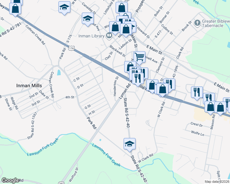 map of restaurants, bars, coffee shops, grocery stores, and more near 15 Bush Street in Inman