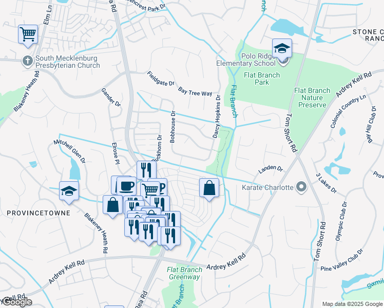 map of restaurants, bars, coffee shops, grocery stores, and more near 8417 Darcy Hopkins Drive in Charlotte