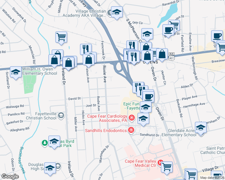 map of restaurants, bars, coffee shops, grocery stores, and more near 3815 East Shephard Street in Fayetteville