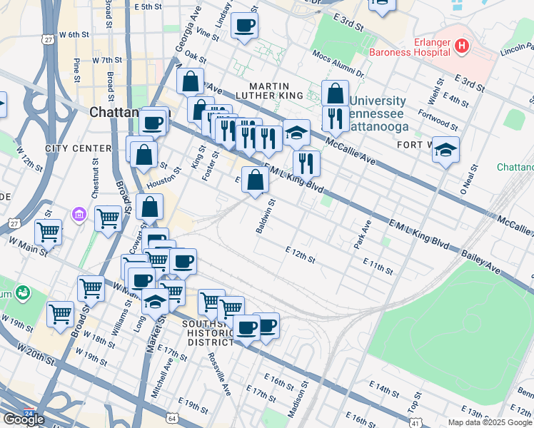 map of restaurants, bars, coffee shops, grocery stores, and more near East 11th Street in Chattanooga