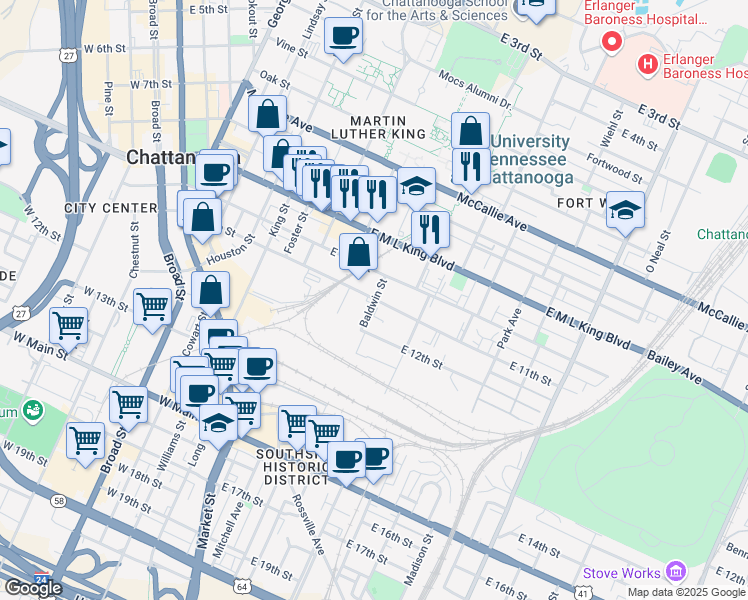 map of restaurants, bars, coffee shops, grocery stores, and more near East 11th Street in Chattanooga