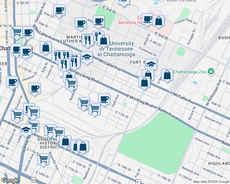 map of restaurants, bars, coffee shops, grocery stores, and more near 801 East Martin Luther King Boulevard in Chattanooga