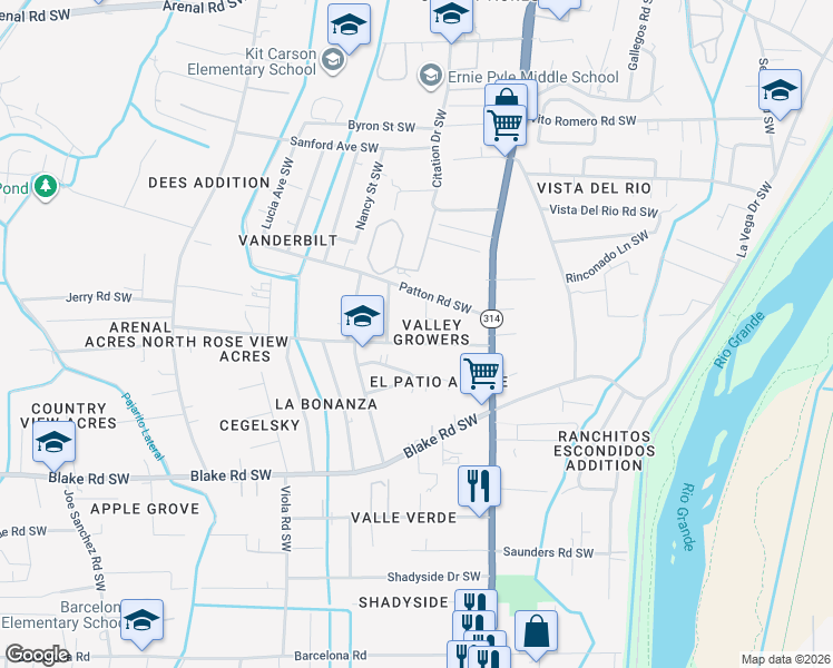 map of restaurants, bars, coffee shops, grocery stores, and more near 2208 Shady Lane Southwest in Albuquerque
