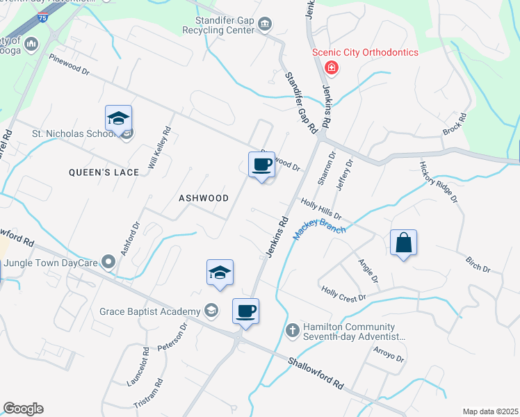 map of restaurants, bars, coffee shops, grocery stores, and more near 2416 Laurelton Creek Lane in Chattanooga