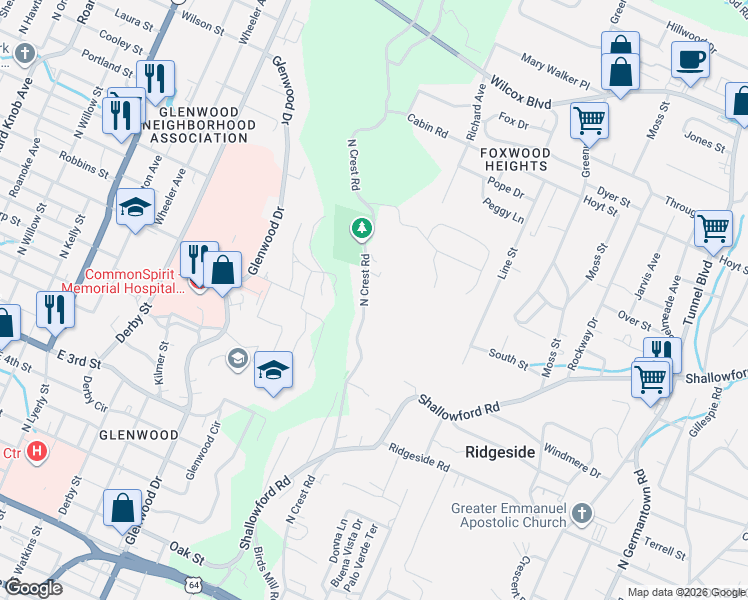 map of restaurants, bars, coffee shops, grocery stores, and more near 182 North Crest Road in Chattanooga