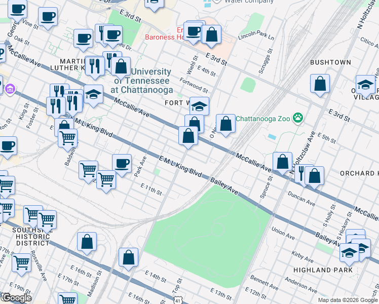map of restaurants, bars, coffee shops, grocery stores, and more near in Chattanooga