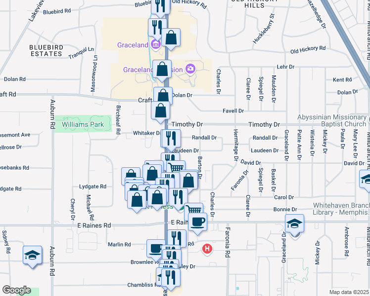 map of restaurants, bars, coffee shops, grocery stores, and more near 1214 Laudeen Drive in Memphis