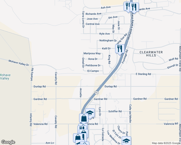 map of restaurants, bars, coffee shops, grocery stores, and more near 1520 Pettibone Drive in Bullhead City