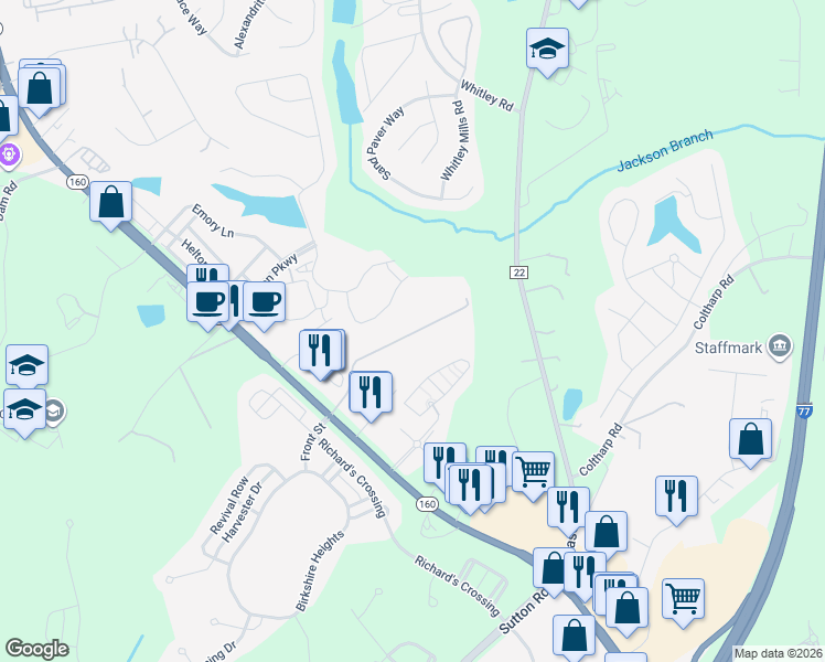 map of restaurants, bars, coffee shops, grocery stores, and more near 160 Highway in Fort Mill