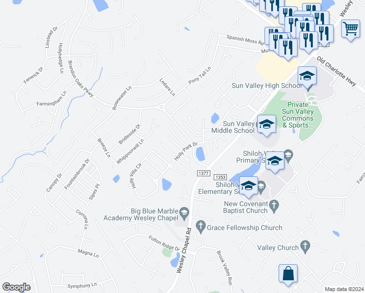 map of restaurants, bars, coffee shops, grocery stores, and more near 6502 Afterglow Drive in Indian Trail