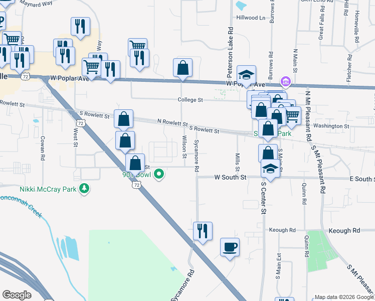map of restaurants, bars, coffee shops, grocery stores, and more near 138 Sycamore Road in Collierville