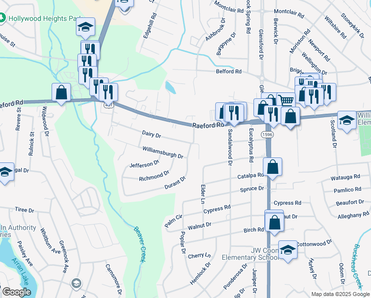 map of restaurants, bars, coffee shops, grocery stores, and more near 204 Durant Drive in Fayetteville