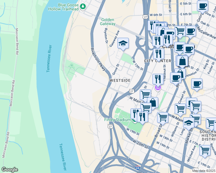 map of restaurants, bars, coffee shops, grocery stores, and more near Windtower Drive in Chattanooga