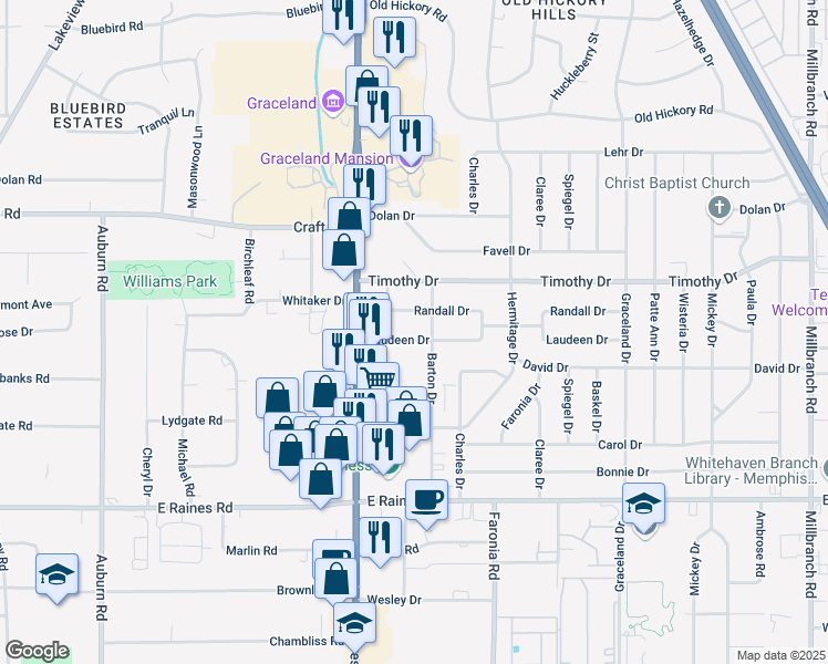 map of restaurants, bars, coffee shops, grocery stores, and more near 1236 Laudeen Drive in Memphis