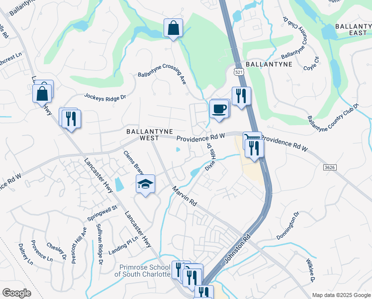 map of restaurants, bars, coffee shops, grocery stores, and more near 15232 Coventry Court Lane in Charlotte