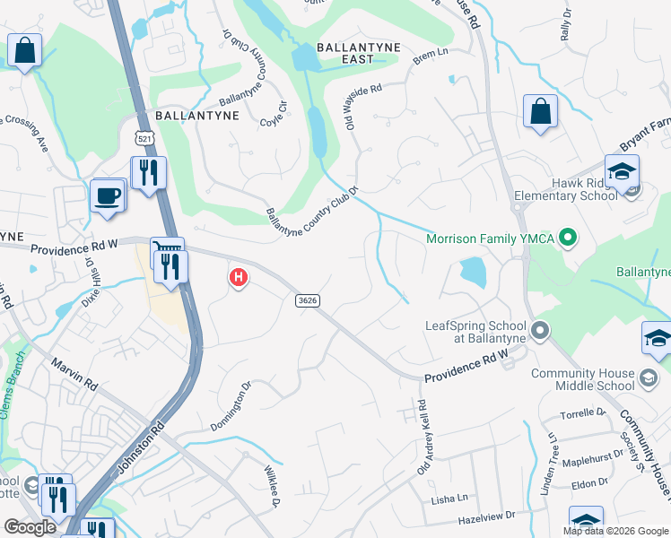 map of restaurants, bars, coffee shops, grocery stores, and more near 13123 Oakhaven Glen Lane in Charlotte