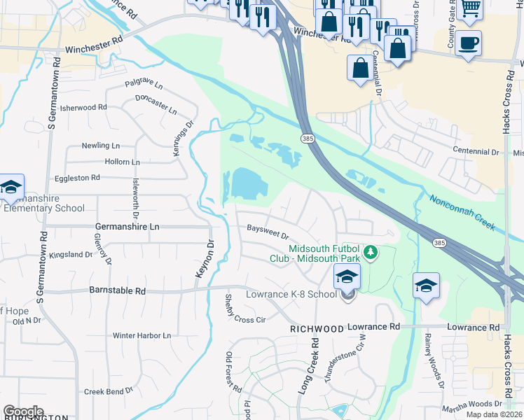 map of restaurants, bars, coffee shops, grocery stores, and more near 7576 Spring Morning Court in Memphis