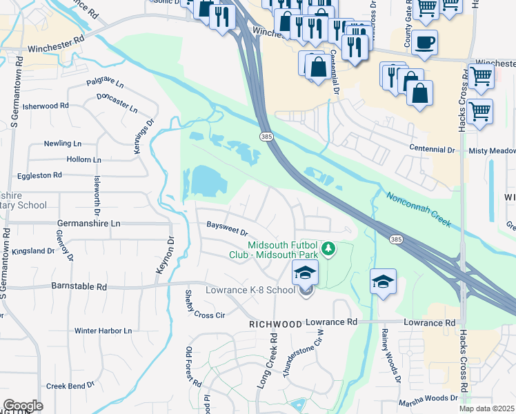 map of restaurants, bars, coffee shops, grocery stores, and more near 3935 Autumn Harvest Lane in Memphis