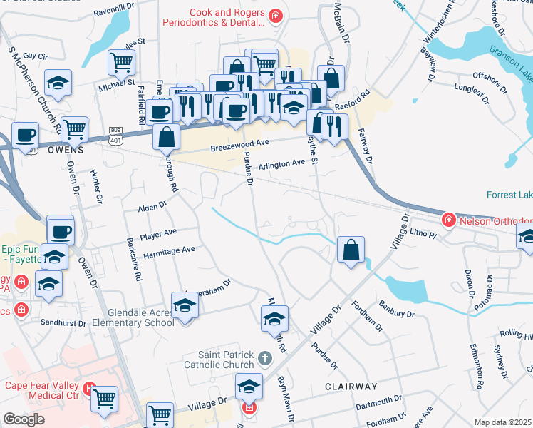 map of restaurants, bars, coffee shops, grocery stores, and more near 1601 Purdue Drive in Fayetteville
