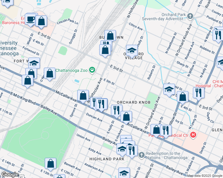 map of restaurants, bars, coffee shops, grocery stores, and more near 1410 East 5th Street in Chattanooga