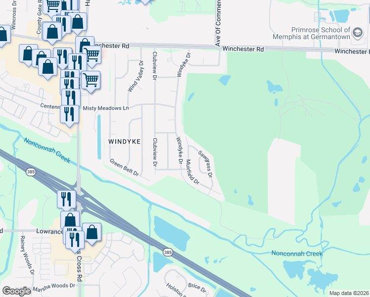 map of restaurants, bars, coffee shops, grocery stores, and more near 3965 Muirfield Drive in Memphis