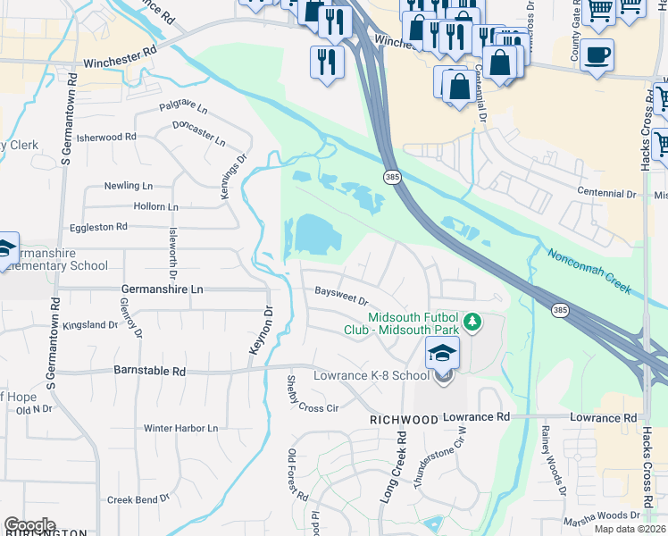 map of restaurants, bars, coffee shops, grocery stores, and more near 7564 Spring Morning Court in Memphis
