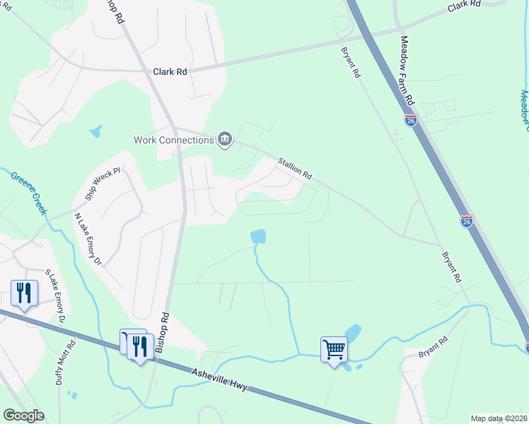 map of restaurants, bars, coffee shops, grocery stores, and more near 242 Stallion Road in Inman