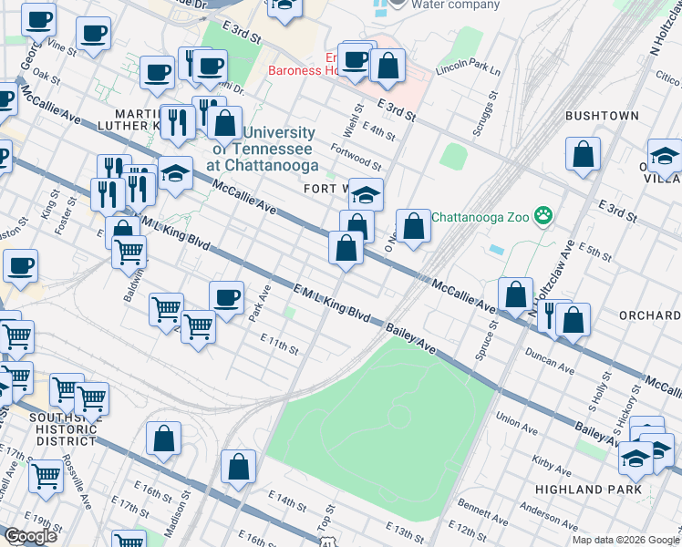 map of restaurants, bars, coffee shops, grocery stores, and more near in Chattanooga