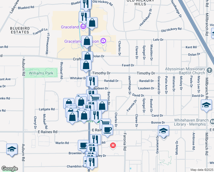 map of restaurants, bars, coffee shops, grocery stores, and more near 3949 Barton Drive in Memphis